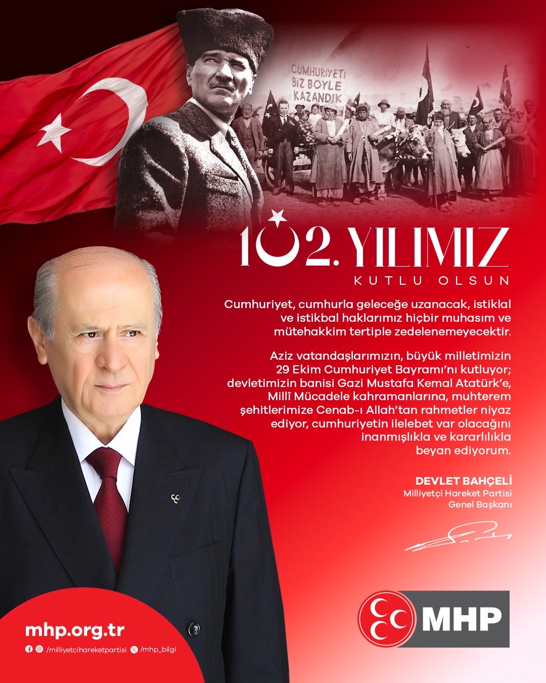 Bahçeli’den 29 Ekim Cumhuriyet Bayramı Mesajı: “Terörsüz Türkiye ile Yeni Yüzyıla Mühür Vuracağız”