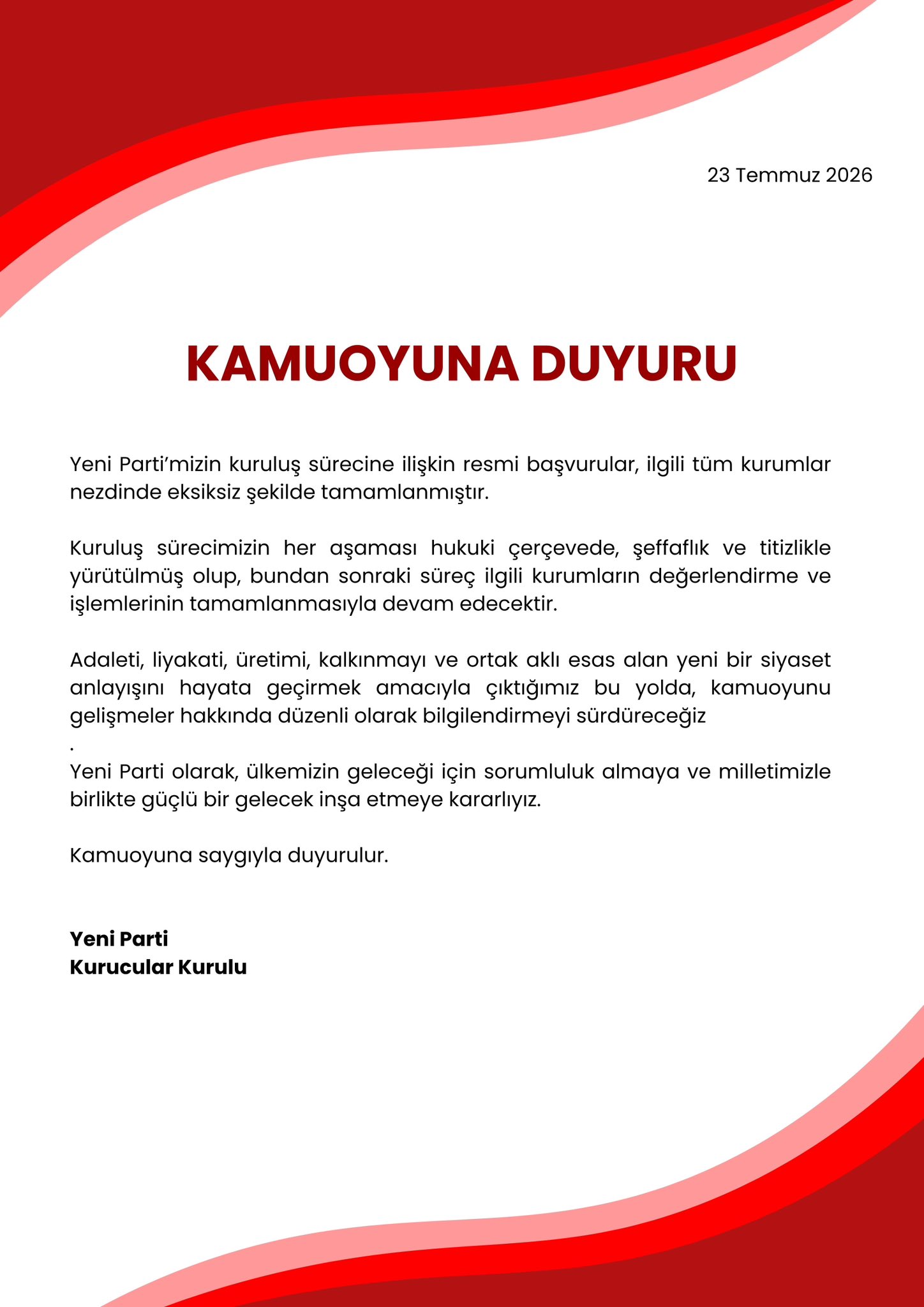"Yeni Parti" Kurucular Kurulu'ndan Kamuoyuna Duyuru: Kuruluş Başvuruları Tamamlandı