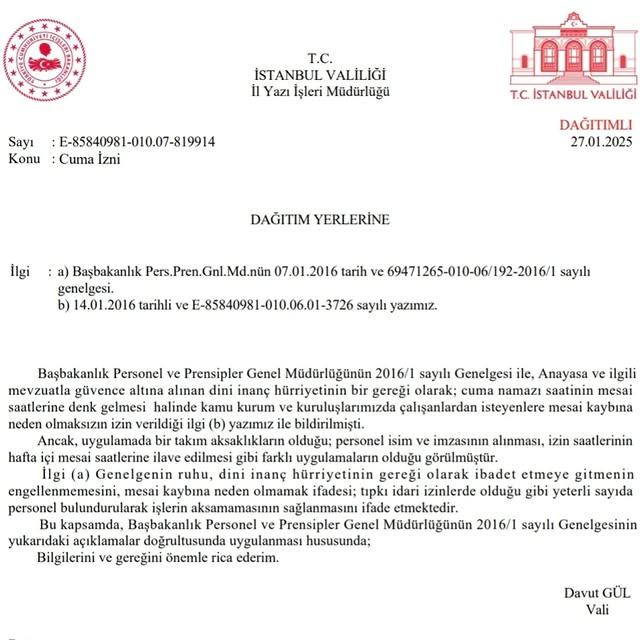 Cuma Namazı İçin İdari İzin Genelgesi İstanbul'da Uygulamaya Geçti