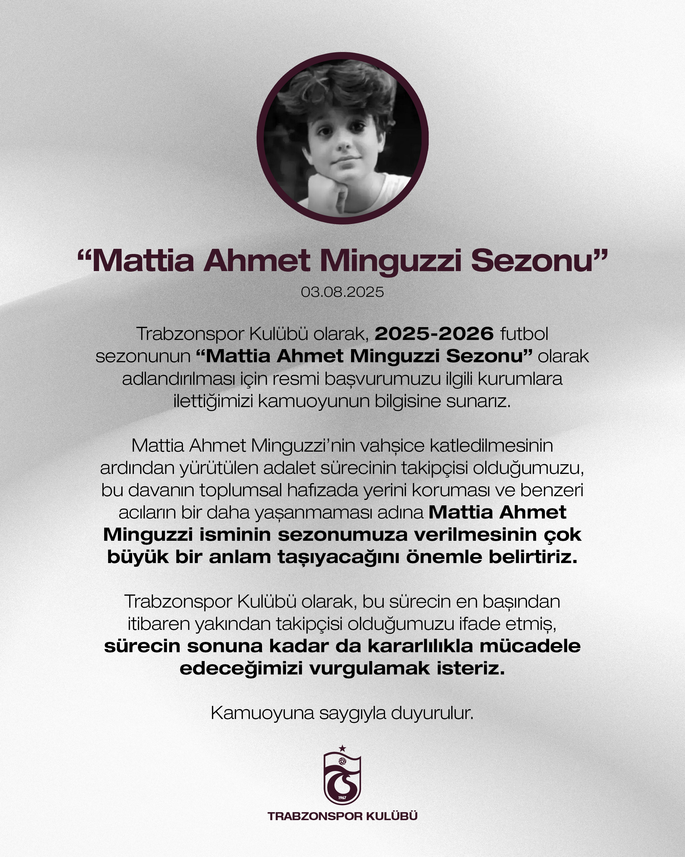 Trabzonspor'dan Anlamlı Talep: “2025–26 Sezonunun İsmi Mattia Ahmet Minguzzi Olsun”